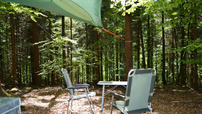 Tisch und Stühle unter einem Baumzelt im Wald