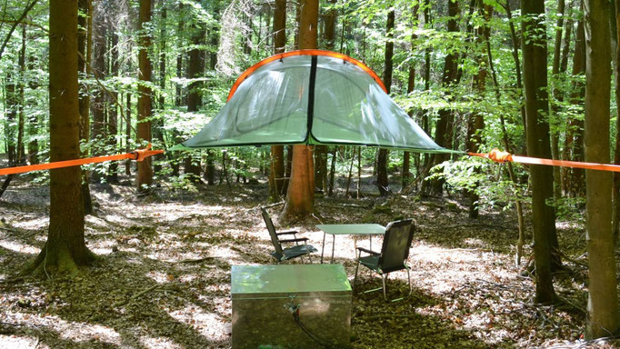 Baumzelt, darunter Tisch und zwei Stühle, Metallkiste im Vordergrund