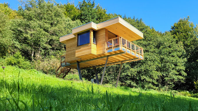 Modernes Stelzenhaus auf grüner Wiese mit wald im Hintergrund.