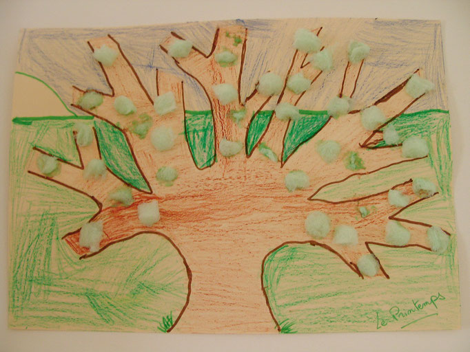 arbre préparé au feutre, coloriage pastel et collage "Playmaïs" pour les bourgeons