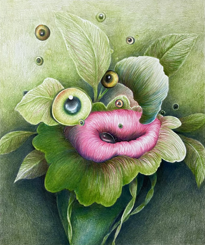 Botanische Fantasie (2026), kleurpotlood op papier, 27 x 21 cm