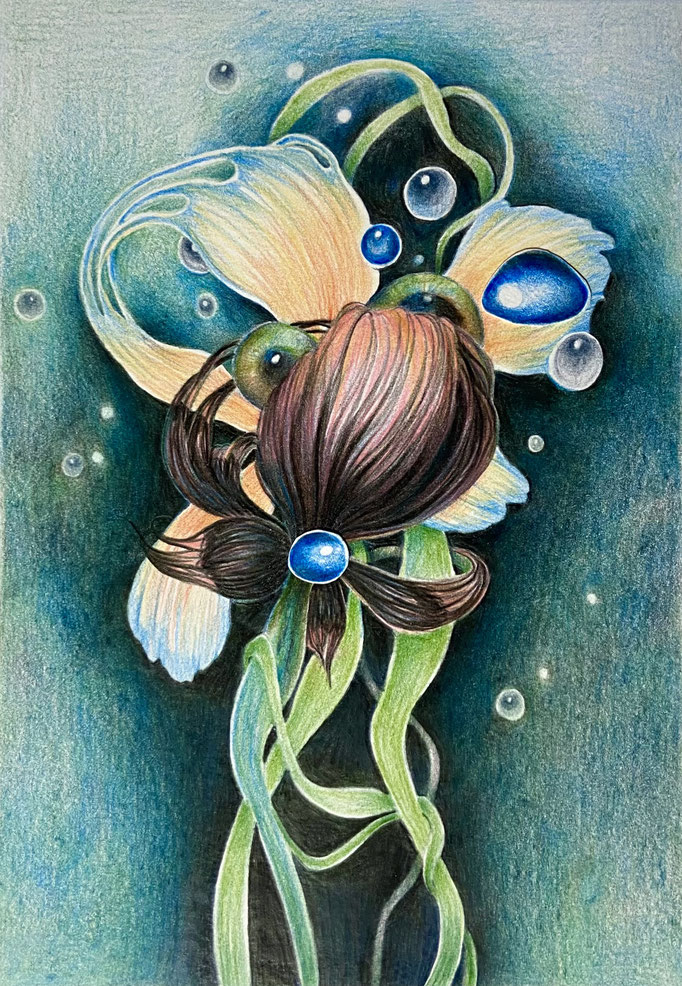 Botanische fantasie II (2026), kleurpotlood op papier, 25 x 17 cm
