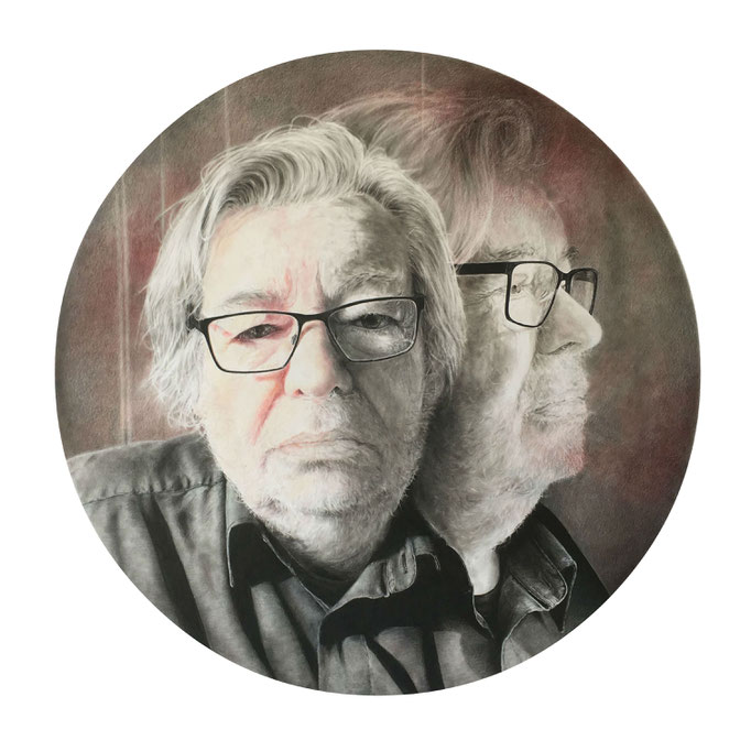 Maarten (2019), panpastel and color pencil on paper. Portrait of Maarten van Rossem for the Dutch TV Show Sterren op het doek.