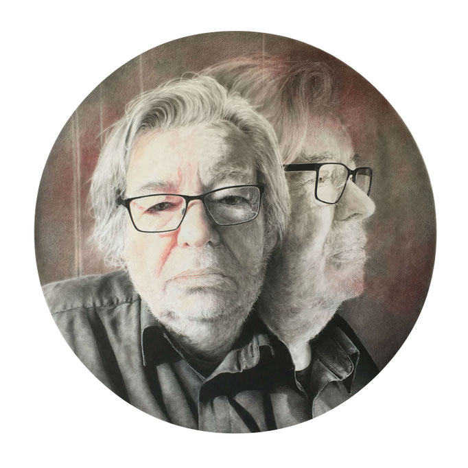 Maarten (2019), panpastel en kleurpotlood op papier. Portrait of Maarten van Rossem for the Dutch TV Show Sterren op het doek.