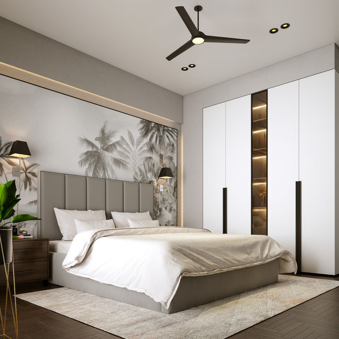 photorealistic bedroom interior architectural visualization with natural light - Dionis Studio
