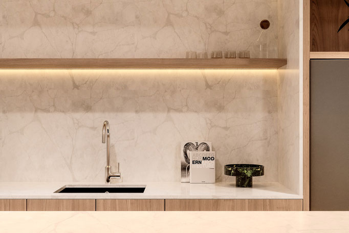 minimalist kitchen interior rendering for residential architecture - Dionis Studio