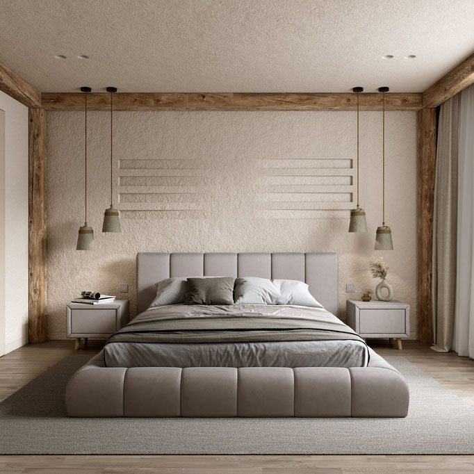 modern residential bedroom interior visualization with warm lighting - Dionis Studio
