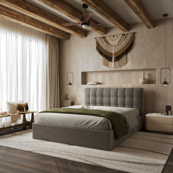calm modern bedroom interior rendering for residential project - Dionis Studio