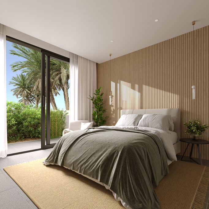 photorealistic bedroom interior architectural visualization with natural light - Dionis Studio