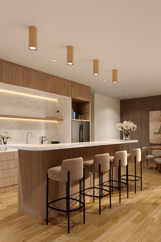 modern residential kitchen visualization with island and soft daylight - Dionis Studio