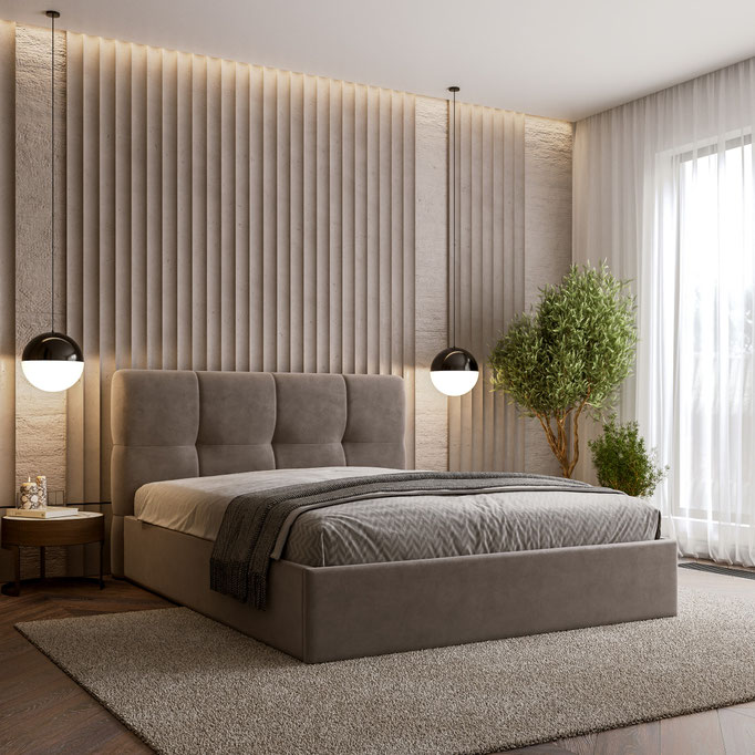 calm modern bedroom interior rendering for residential project - Dionis Studio