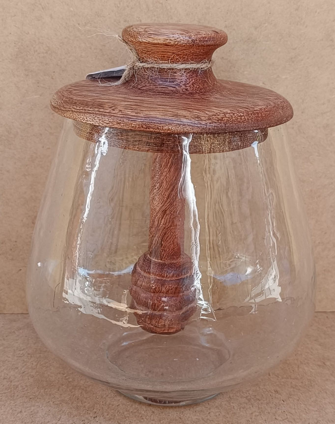 Frasco cristal para miel con tapa madera. Ref A35883. 17x14