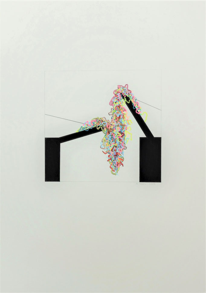 ABGESTÜRZT /  Acryl Marker auf Papier / 51 x 36 cm / Größe der Zeichnung 19 x 20 cm / 2019