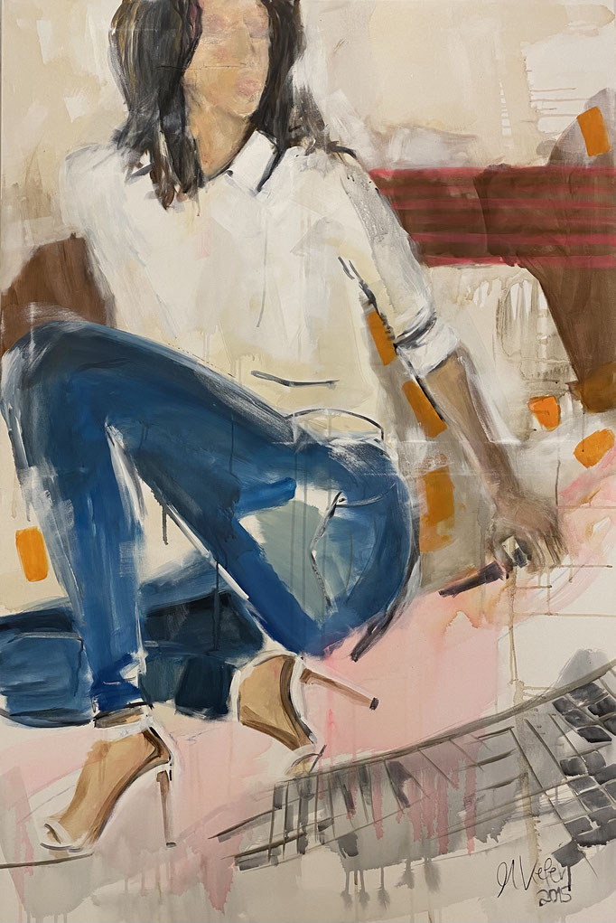 Woman in Jeans and white shoes, 100x150cm, Acryl auf LW