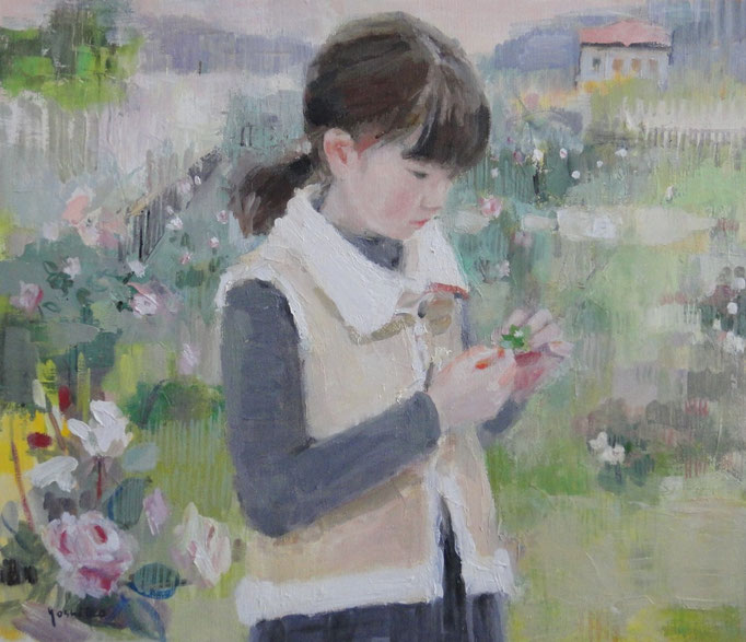 花と少女　10号油彩