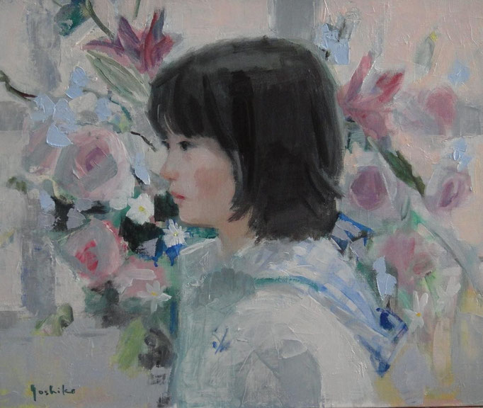 花束と少女　8号油彩