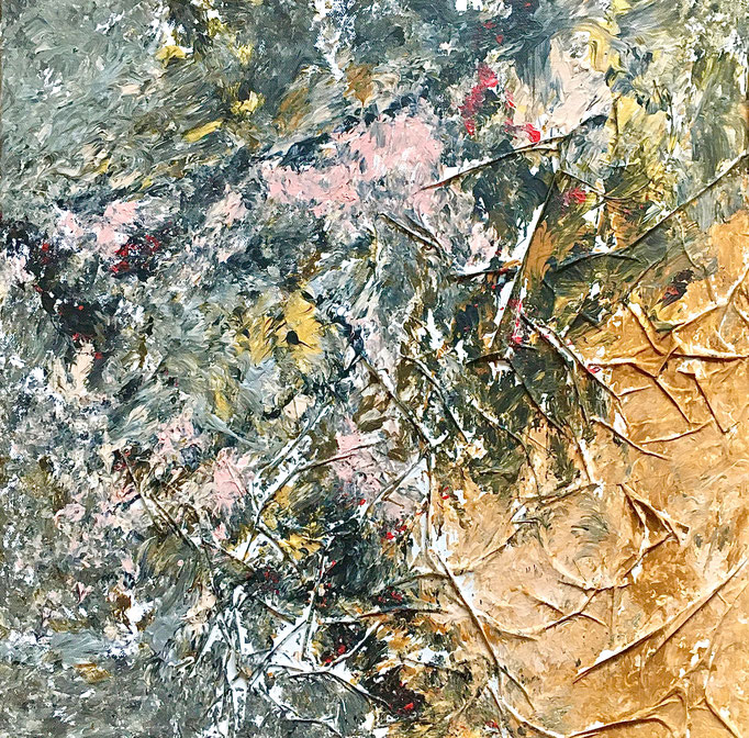Wüstensand in den Alpen, 2021, Acryl, Nachtleuchtfarbe und Papier auf Leinwand (auf Keilrahmen), 50x50 cm, CHF 1300