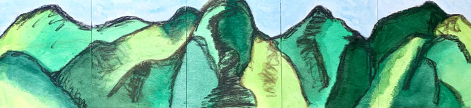 Berghügel im grünen Kleid, 2021, Acryl und Ölkreide auf Spanplatte (fünf Elemente), 25x105 cm, CHF 600