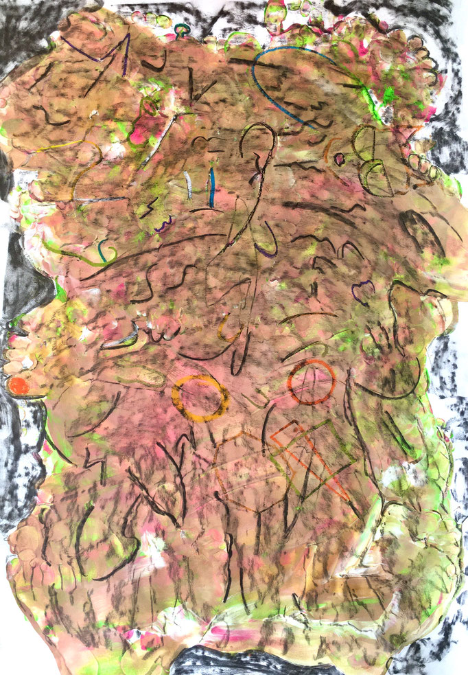 Kritzeleien vergangener Zeiten, 2019, Gouache auf Papier, 100x69 cm, CHF 300 (in Zusammenarbeit mit P. Ruedin)