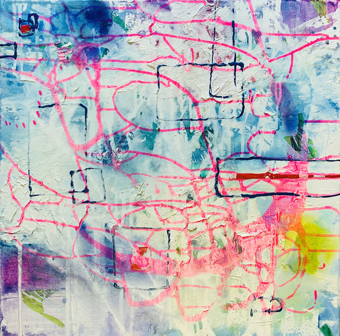 Spuren eines fröhlichen Lebens, 2022, Acryl mit Seidenpapier und Aquarell Ink auf Leinwand (auf Keilrahmen), 50x50 cm, CHF 1500