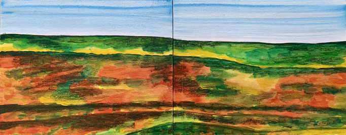 Frühlings'Sommer, 2021, Acryl und Ölkreide auf Spanplatte (zwei Elemente), 18x45.5 cm, CHF 600