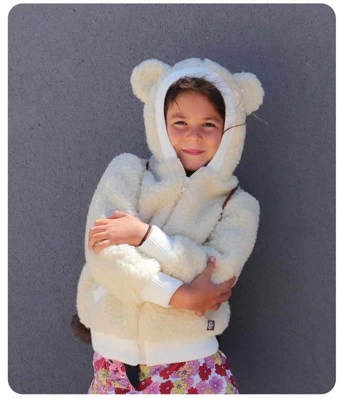 gilet veste en laine naturelle de mouton capuche manche longue lavable machine enfant