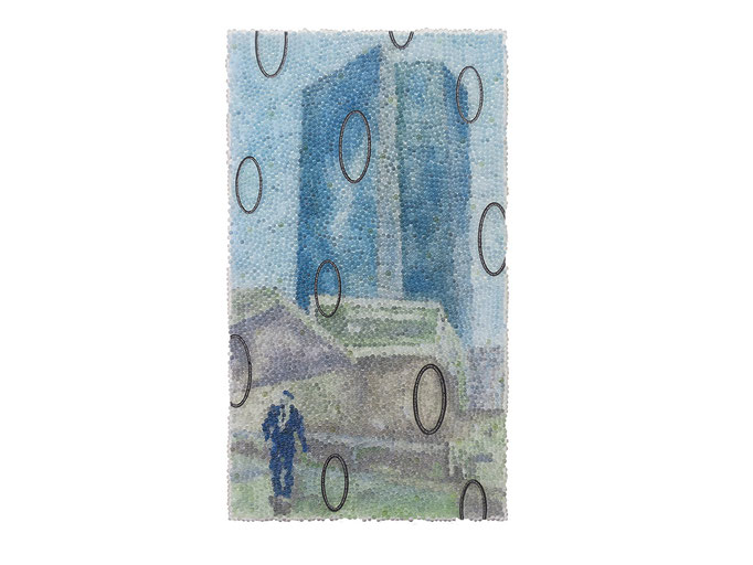 Null, Glaskugeln, Plexiglas auf Öl, Leinwand und Holz, 2017, 80 x 45 cm