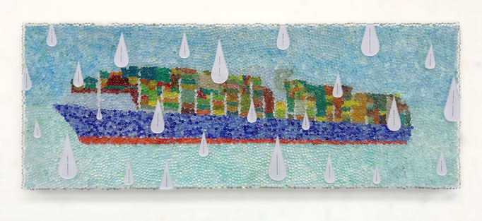 Schwimmende Gewissheit, Glaskugeln auf Öl Leinwand und Holz, 60 x 120 cm 2022 / aus der Serie: inside paradise
