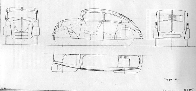 1932: Skizze zum Porsche Typ 12 von Erwin Komenda, signiert und datiert.