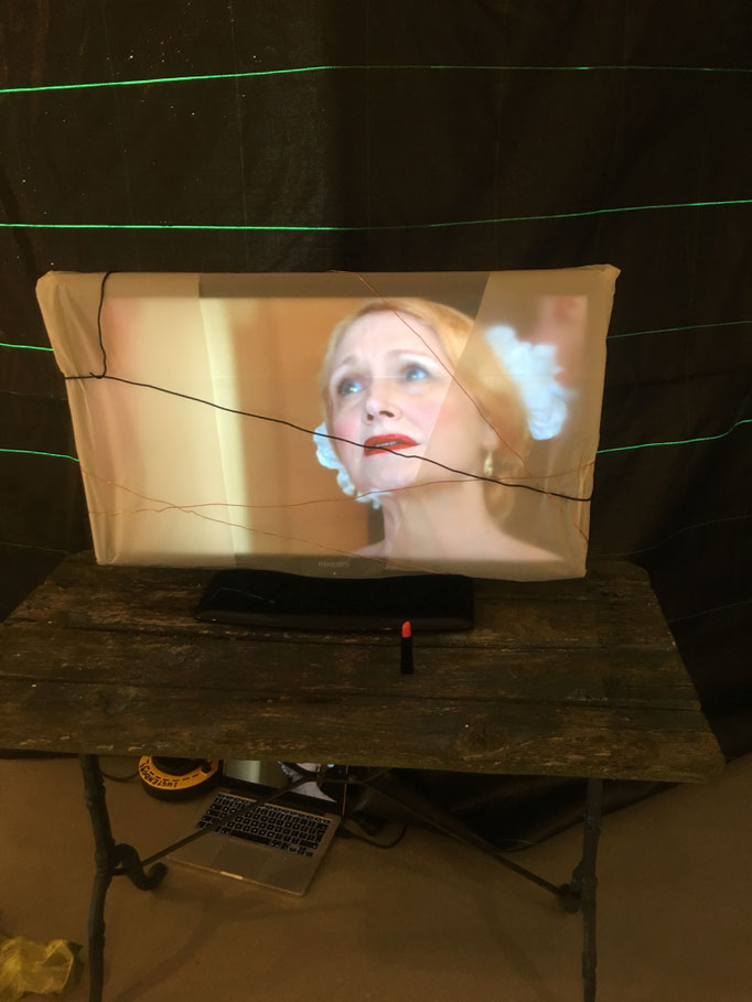 " Beware ! ", 2018, television, tracing paper, copper wire, red lipstick, old table