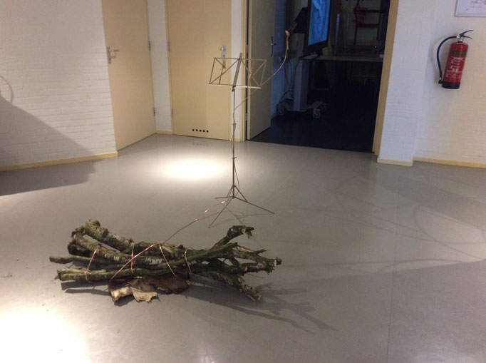 " Childhood ", 2018,  music stand, brass cutlery, branches, copper wire, rustling sound