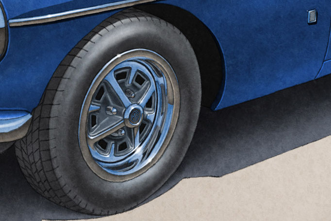 Tire treads and wheels are drawn with details on the MGB Vintage Looking Drawing.