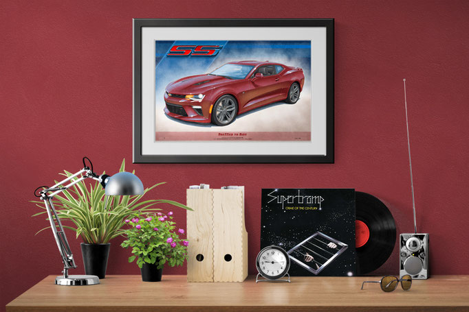 Here is the Camaro SS drawn portrait in a home office decorative context 