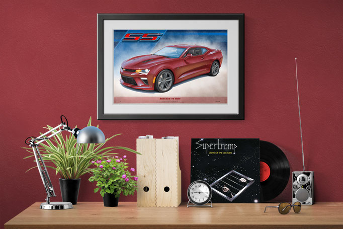Here is the Camaro SS drawn portrait in a home office decorative context 