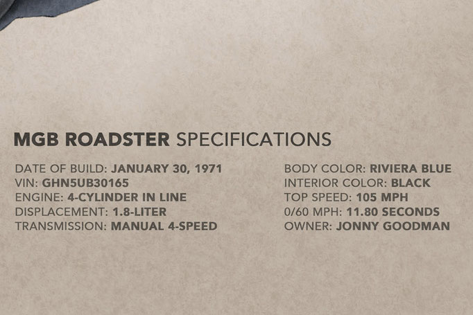 An interesting feature of the "Vintage Looking Drawing" is to have the factory specifications of the car added at the bottom of the car.
