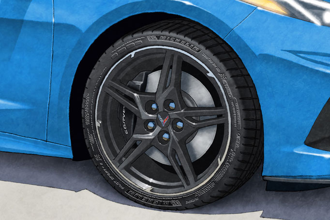 Les pneus sont hautement détaillés de par le motif de la semelle et le lettrage, une exclusivité des formats 14X21 et 16X24 pouces