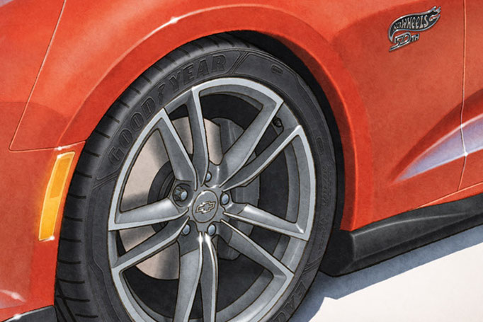 Une option unique à Lemireart du portrait dessiné est d'avoir le lettrage Good Year Eagle F1 Supercar et motif de semelle sur les pneus.