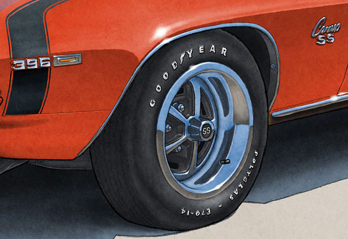 Les roues Magnum sont offertes par défaut sur le dessin de la Camaro SS 396. Il est possible de changer pour des roues Rally