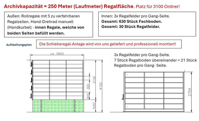 Platz für 3100 Ordner! Aufstellungsplan - Gebrauchte fahrbare Regalanlage mit 5x Rollwagen & Handkurbel zum verschieben - lagerconsulting.at