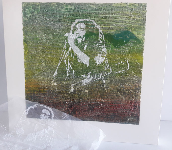 Bob Marley * 55 x 55 cm * Siebdruck auf feinem Packpapier * Hartfaser mit Strukturacryl *