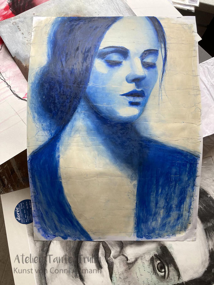 blaues Gemälde Portrait Frau direkt vom Künstler kaufen
