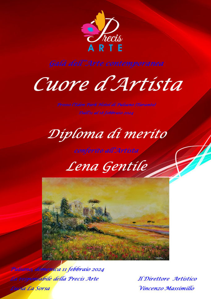 Cuore d'Artista - Diploma di merito conferito all'artista Lena Gentile