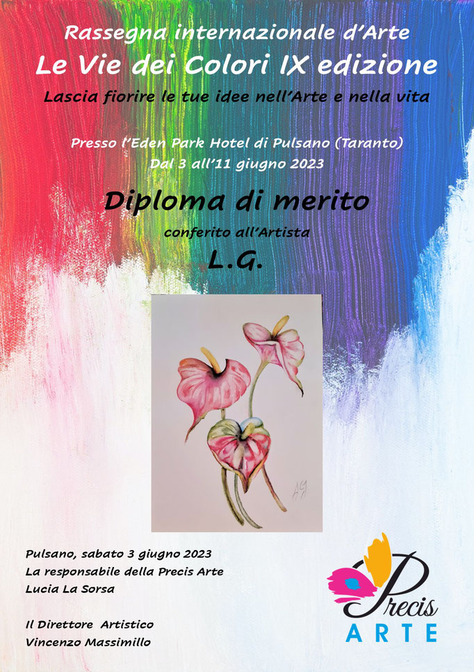 Le Vie dei Colori IX edizione Diploma di merito  conferito all’Artista L.G.