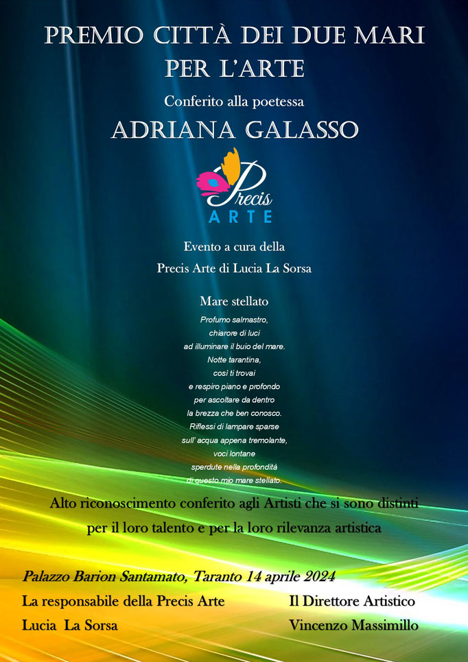 Premio Città dei due mari per l’Arte Conferito alla poetessa Adriana Galasso
