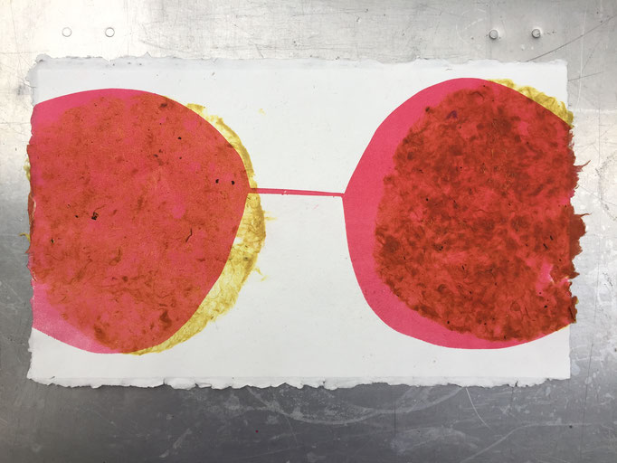 Handmade paper with integral pulp stencils and monotype print