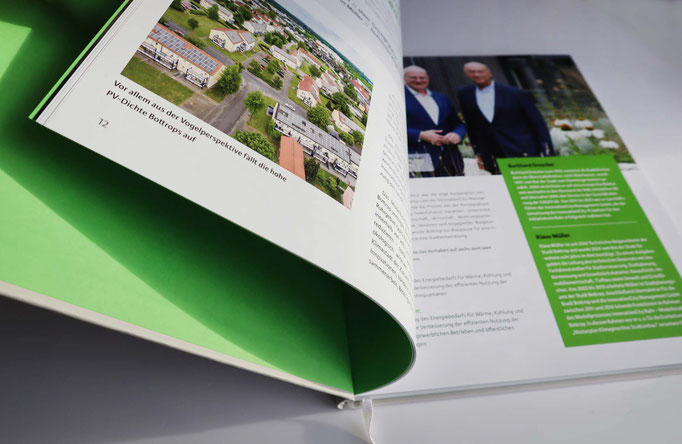 Layout einer Doppelseite im Buch "Von der Kohlestadt zur Klimastadt. Bottrop. Unsere Stadt"