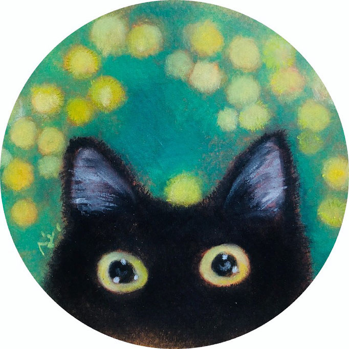 「黒猫とミモザ＃4」　100ｘ100mm　パステル画