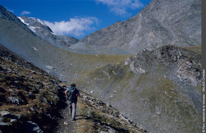 Moraines de Riondaz sur le sentier du Tour du Mont Pourri, près du refuge de Turia. Vue sur le Grand Col