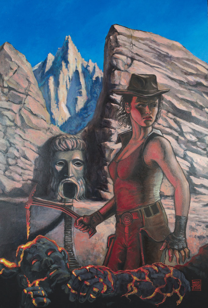 Lara Croft et le temple secret des Alpes Suisses. Acrylique sur papier marouflé. 50x69cm