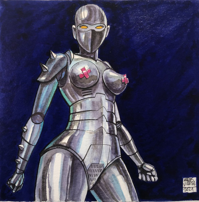 Armanoïde, personnage féminin issu du manga "Cobra, le pirate de l'espace". Encre de Chine et aquarelle sur papier. 15x15cm.